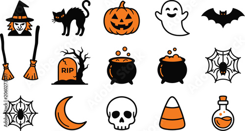 Cuadro en lienzo Halloween Line Icon Set with Pumpkin Ghost Cat and Witch Elements