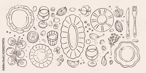 Hand-drawn vector illustration set for French bistro menu design with plates, cutlery, olives, wine glasses, lemons, capers and tomatoes, minimalist outline style