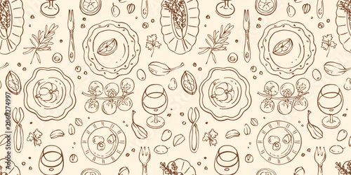 Seamless hand-drawn vector pattern for French bistro design with plates, cutlery, olives, wine glasses, lemons, capers and tomatoes, minimalist outline repeating background