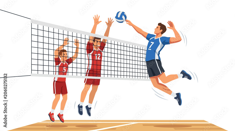 Fototapeta premium Volleyball game, athletes jumping to spike and block ball over net