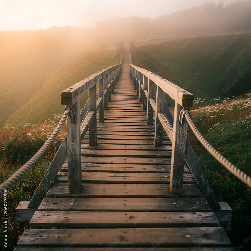 Fototapeta premium Wooden bridge, leading through green hills and misty landscape at sunrise pathway walkway stairs