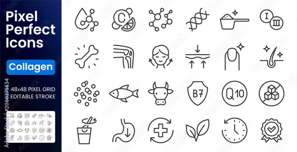Obraz premium Collagen line icons set. Hyaluronic acid molecule, vitamin C, skin care, elasticity, knee joint, beauty flat minimal vector illustration. Simple outline pictogram. 48x48 Pixel Perfect Editable Stroke