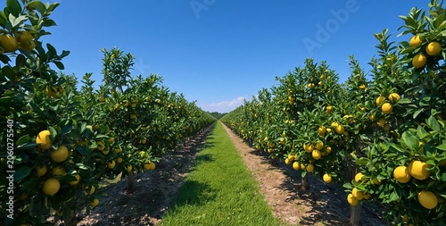 Lemon Orchard Serenity: Rows of vibrant lemon trees laden with ripe fruit stretch towards a clear blue sky, creating a picturesque agricultural landscape bathed in sunlight.