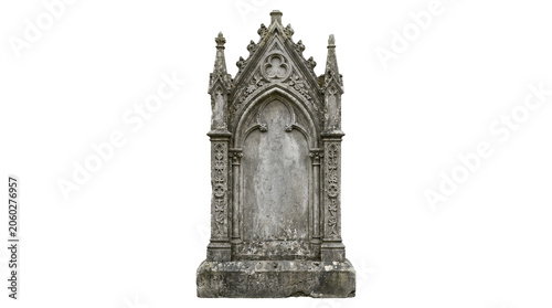 Fotografie Ornate gothic tombstone with pointed arch and decorative stone carvings isolated on transparent background