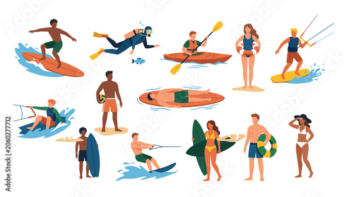 Canvas Print People enjoying summer water sports and beach activity vector set