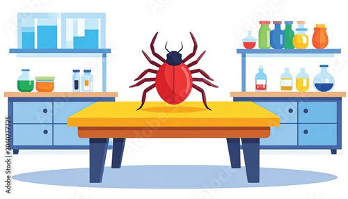 Large red tick on table top.
