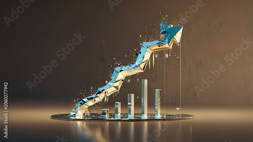 Abstract Golden Stock Market Arrow Growing Upwards with Liquid Metal Effect and Bar Charts.