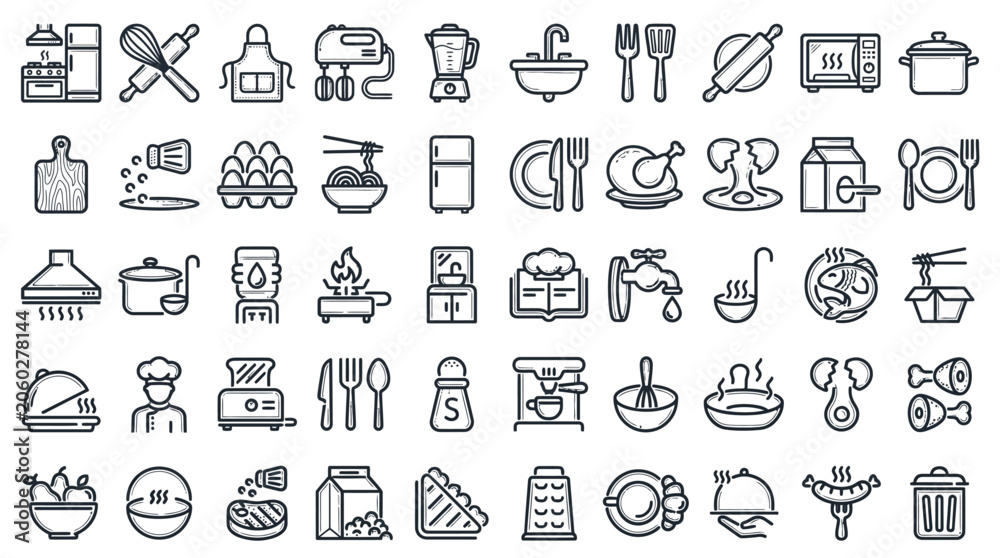 Fototapeta premium Kitchen Cooking Icons Set Line Style Black and White