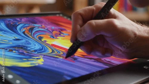 Digital artist creating vibrant abstract art on a tablet with a stylus