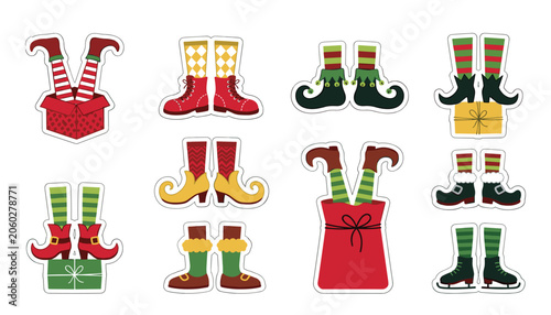 Fotografie Christmas elf legs and santa boots holiday sticker vector set