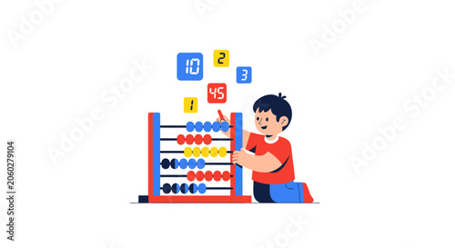 Little Boy Learning Mathematics Using a Colorful Abacus Vector Illustration
