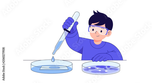 Young Boy Scientist Conducting Lab Experiment with Pipette and Petri Dishes for STEM Education Vector Illustration
