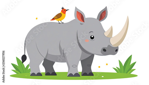 Gray Rhinoceros with Bird on Back.