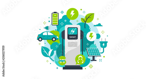 Electric Vehicle Charging Station Concept with Solar Panels, Green Energy, and Smart Technology Icons. Flat Vector Illustration for EV Infrastructure and Sustainability.