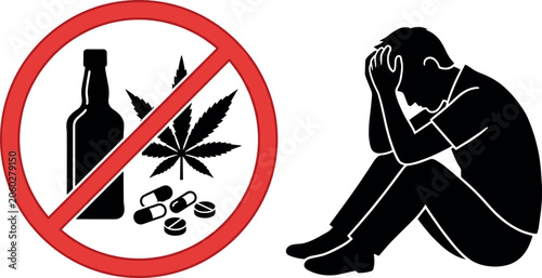 Anti Drug and Alcohol Abuse Vector Concept with Sad Depressed Man Silhouette and No Substance Addiction Prohibited Sign for Rehabilitation Campaigns