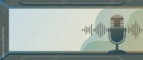 Panoramic vector banner illustration of a podcast studio featuring a microphone silhouette and abstract sound waves, perfect for audio broadcasting, digital media, and radio station promotional