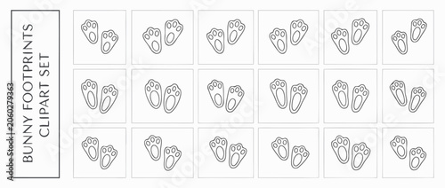 Elegant vector icon set of 20 bunny footprints and paw prints in luxury line art style, featuring thin strokes and artistic designs perfect for sophisticated spring decor and animal-themed branding.