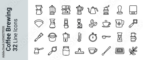 Minimal Vector Line Art Icon Set of 32 Coffee Brewing Tools and Barista Equipment Icons Featuring Espresso Machines French Press Grinders Portafilters and Pour Over Accessories for Cafe