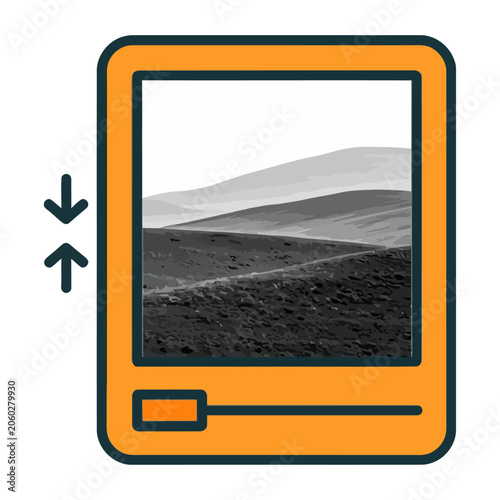 Empty picture frame showing mountain landscape with downward arrow icon illustration