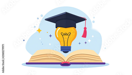 Graduation cap on book lightbulb idea.