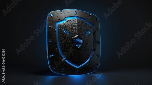 Protective shield with glowing blue energy barrier in dark minimal background for cyber security concept