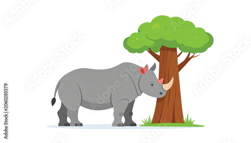 Gray Rhinoceros Standing Beside Tree.