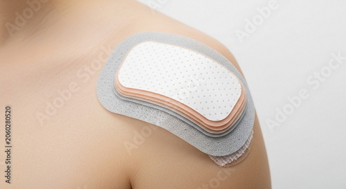 Medicated pain relief plaster on skin for muscle soreness recovery