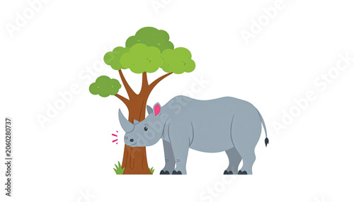 Gray Rhino Standing Under Tree Shade.