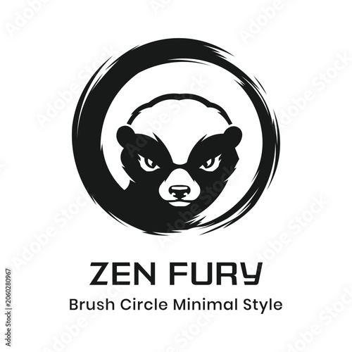 Minimalist Honey Badger Zen Circle Logo Vector with Creative Ink Brush Stroke Mascot