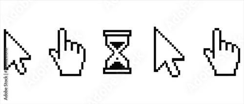 Collection of pixel art computer mouse cursor icons including arrows and pointer hand shapes with interface computer hourglass selection technology software illustration