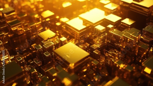 Abstract golden circuit board technology with glowing connections and intricate pathways