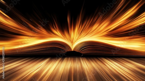 An open book releasing vibrant streams of golden light and energy, illustrating the power of stories and knowledge