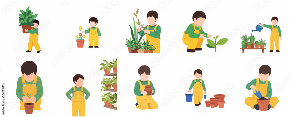 Fototapeta premium Little Boy Gardening and Planting Activity Set Vector Illustration