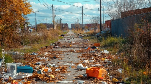 A desolate urban street choked with trash and debris under a vast, cloudy sky, showcasing profound neglect and decay.
