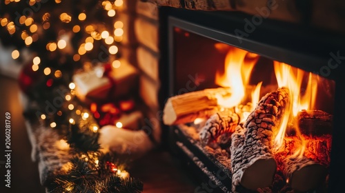 A Roaring Christmas Fireplace with Festive Garlands and Warm Lights Creating a Cozy Winter Atmosphere.