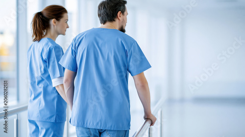 Physical therapist guiding patient in hospital corridor, back view, blue uniform