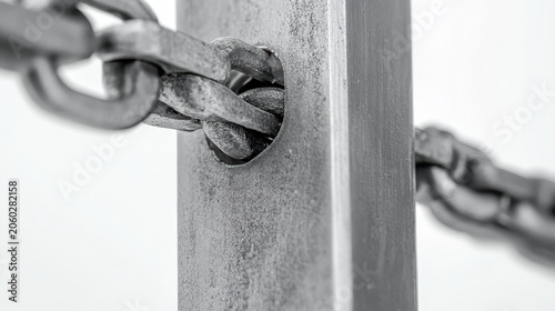Close-up view of a sturdy metal joint with intricate chain links, highlighting industrial strength and robust construction.