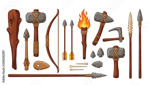 Foto Prehistoric stone age weapon and primitive tool vector set