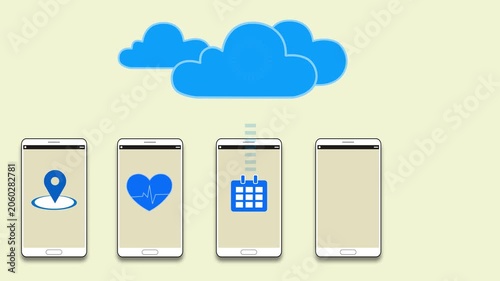 Mobile devices under cloud syncing, Five smartphones in a row under a loading cloud icon, simple flat tech animation
