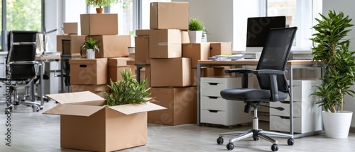 Modern office with cardboard boxes and plants during business moving and relocation setup