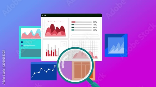 Analytics dashboard collage animated, Stylized dashboard collage with multiple charts and graphs animation