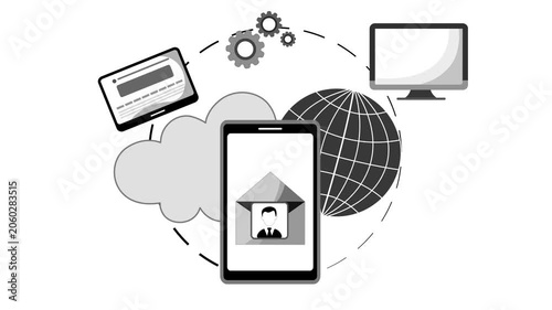 Cloud computing devices and global network animation, Flat-style animated of cloud computing and mobile devices