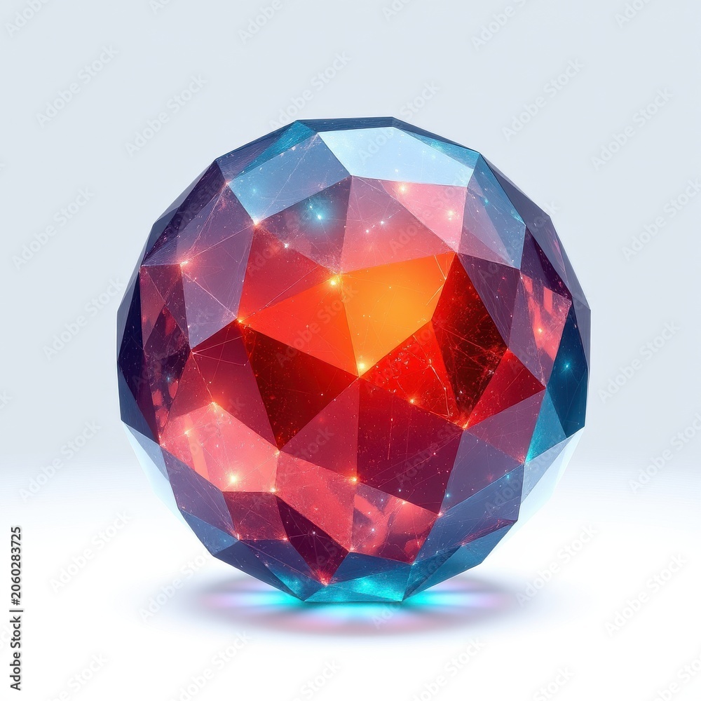 Fototapeta premium Geometric sphere glows. Faceted surface reflects vibrant colors, creating cosmic effect. Light emanates from within structure.