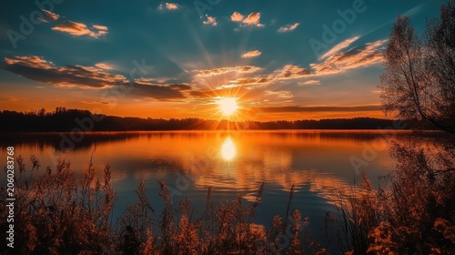 Breathtaking sunset casting warm golden light over a tranquil lake, painting the sky with vibrant colors