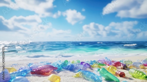 Colorful plastic debris littering a pristine beach with a clear blue sky and ocean backdrop