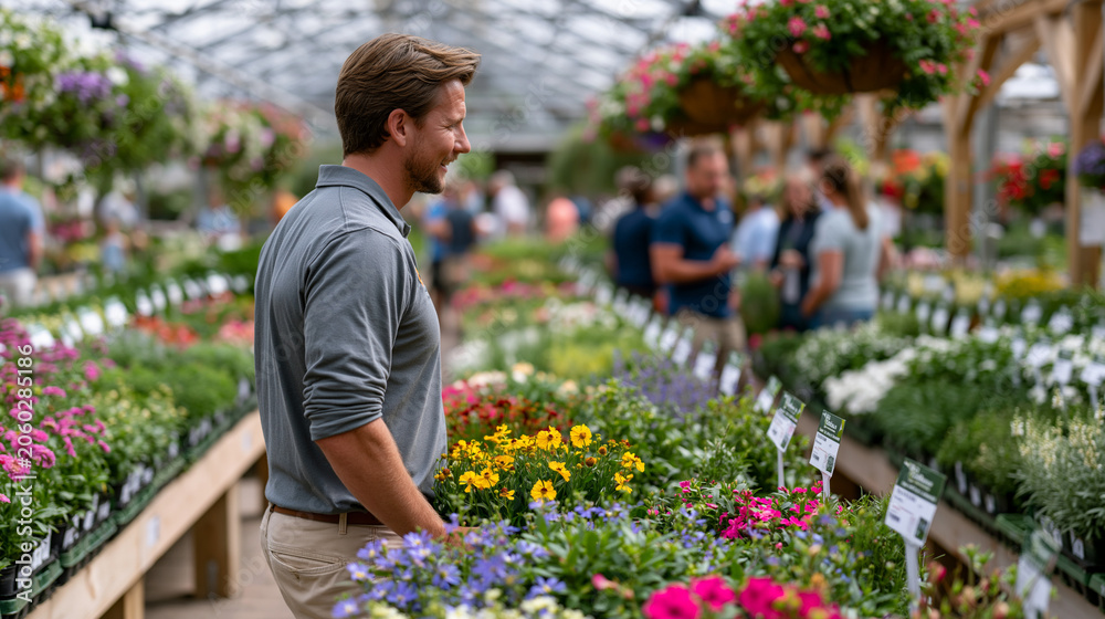 Fototapeta premium May garden center at peak spring rush, horticulturist advising a customer on pollinator-friendly perennial plants, rows of labeled flats stretching down a greenhouse aisle,