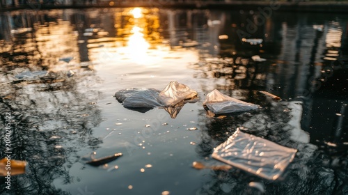 Discarded plastic bags floating on a polluted canal surface with city lights reflecting at dusk