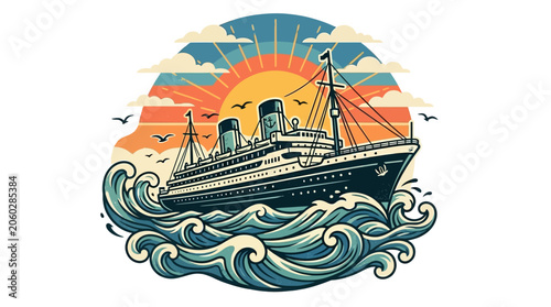 Quadro su tela A vintage cruise ship sails through choppy seas at sunset.