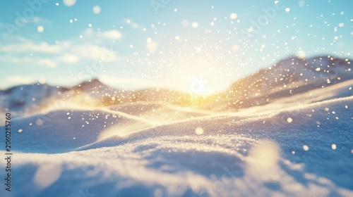 Dynamic snowboarder carving through fresh powder snow with bright sunlight illuminating the snowy mountain landscape