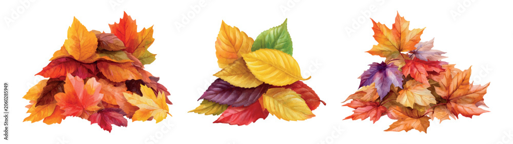Fototapeta premium Three separate piles of vibrant autumn foliage watercolor illustrations featuring a mix of maple leaves and other seasonal elements